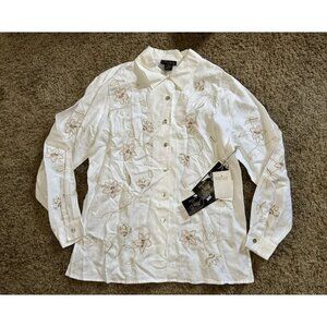 NWT Vintage White Linen Button Tunic Top Embroidered Quiet Luxury Office MEDIUM